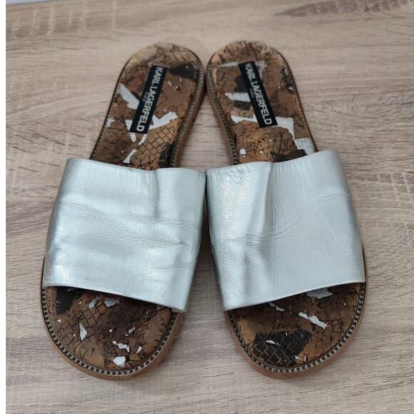 Karl Lagerfeld Paris Gloria Women's Flats Size 7 Sandals Cork Slides Silver - Picture 2 of 9